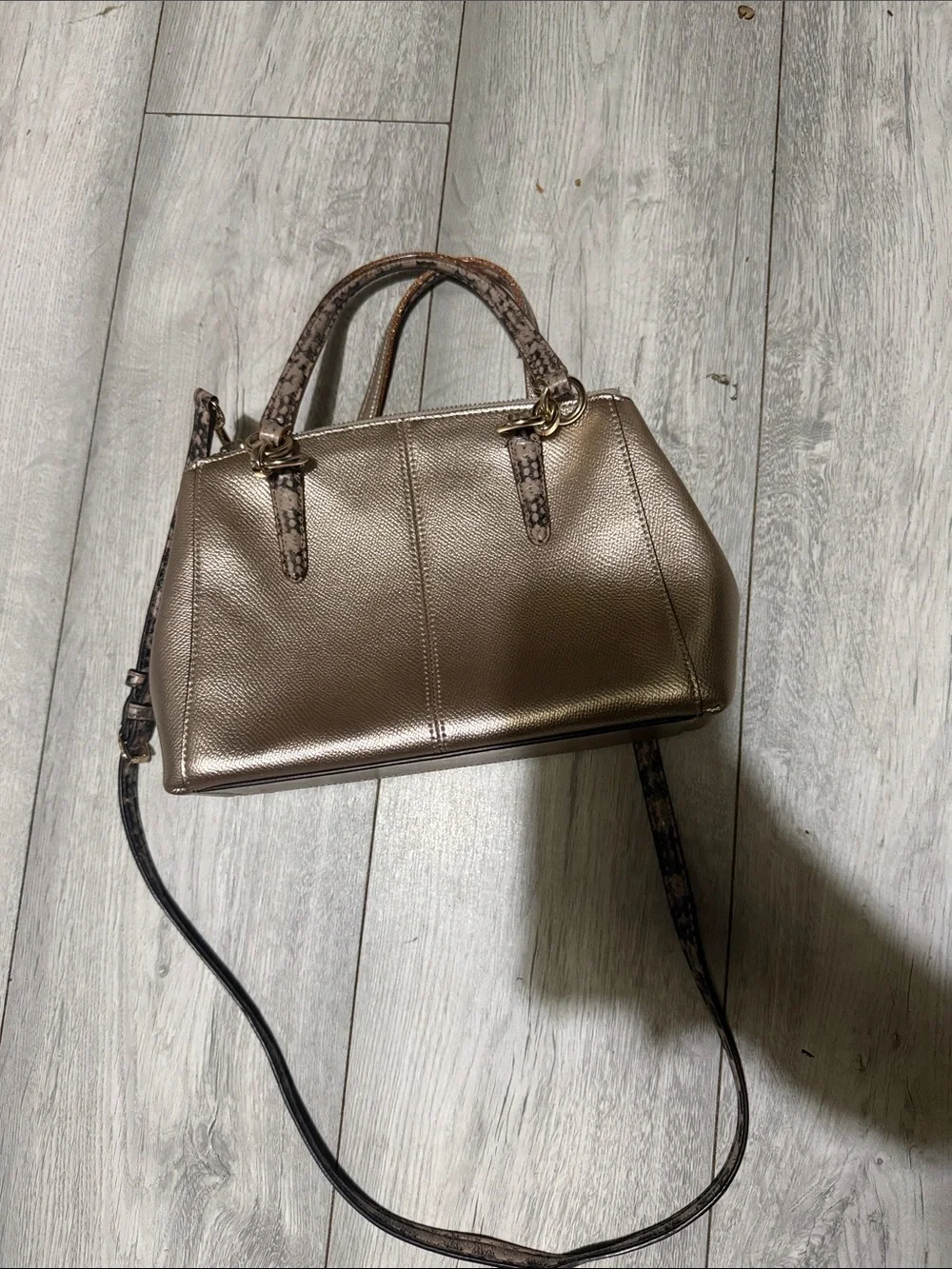 Coach Metallic Rose Gold Satchel with Snake-Print Strap and Top Handles - Picture 6 of 15